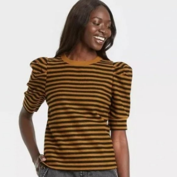 Who what wear small yellow striped puff sleeve top - Picture 1 of 4